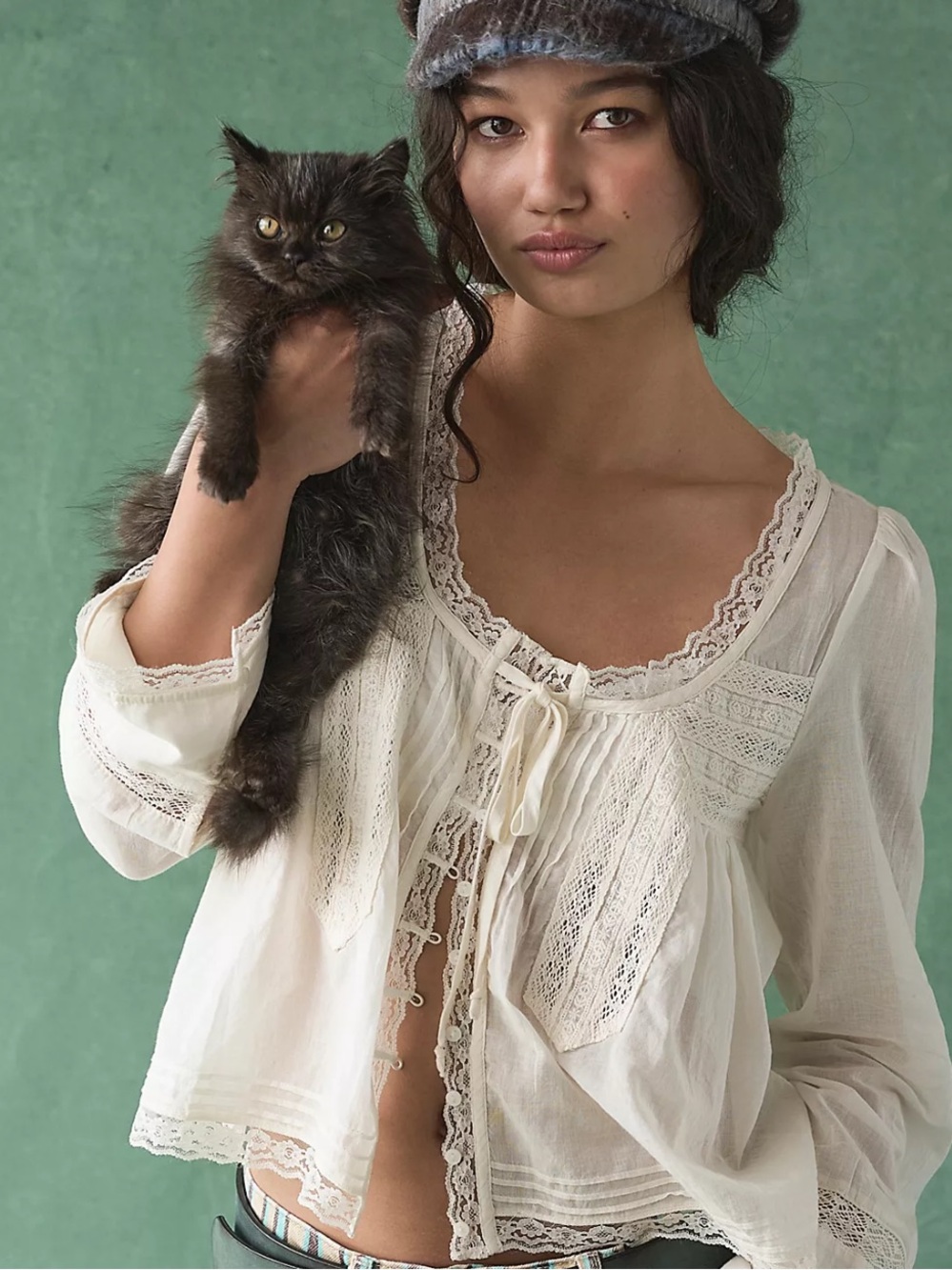 Free People Cream Lace-Trim Peasant Blouse
